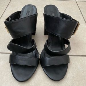 Black Forever 21 heels, 3 straps with gold buckel